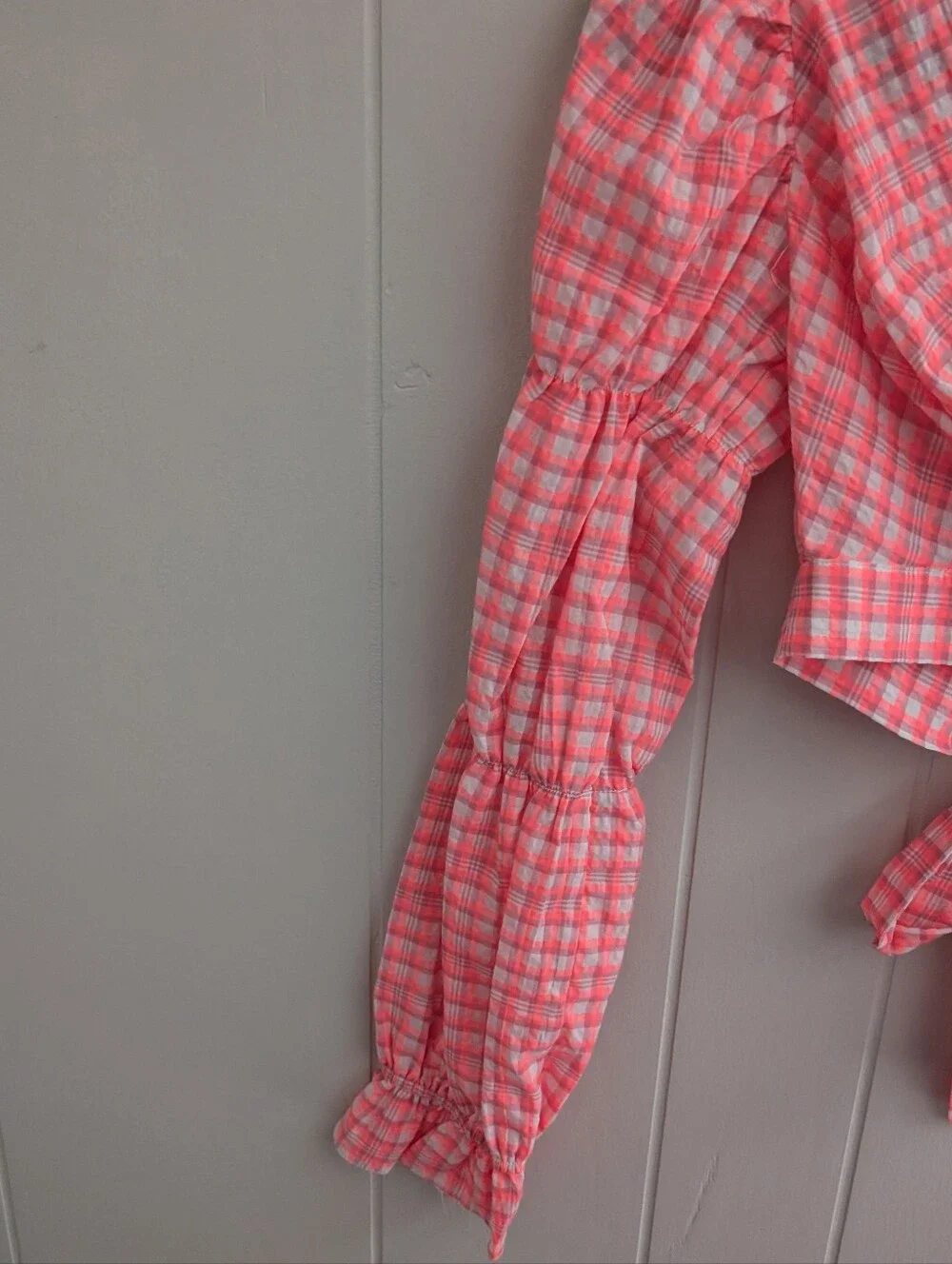 NWT Topshop Bright Pink Gingham Plaid Long Sleeve Crop Top - Picture 6 of 8